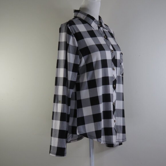 NWT No Comment Black & White Checkered Adjustable-Sleeves Button-Up Top Size L - Picture 3 of 9